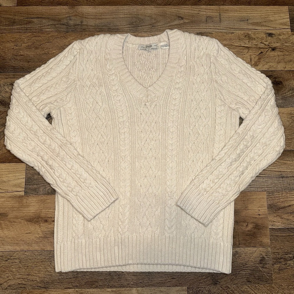 Pria Cable Knit Cream V Neck 100% Cotton Sweater Size L